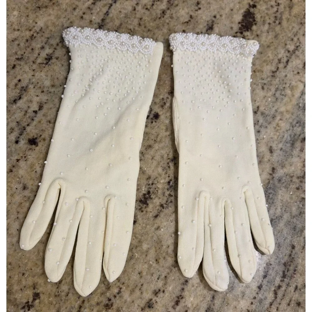 New! Vintage Women's One Size Stretch Nylon Yellow Formal Gloves Beaded Pearly